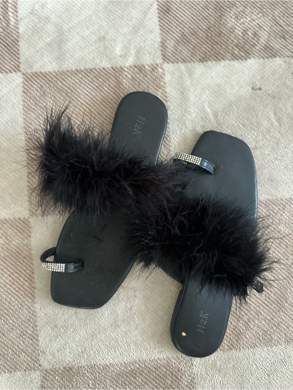 Black Feather Trim Slide Sandals with Rhinestone Toe Strap